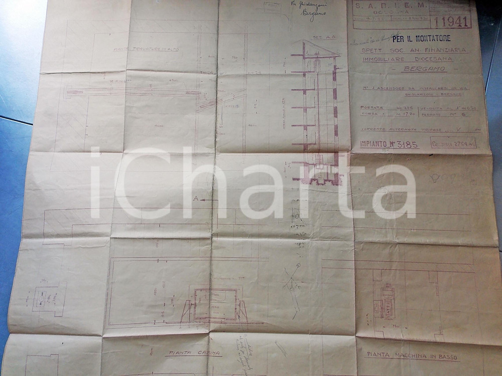 Mappa, planimetria storica 1932 BOLOGNA Ditta SABIEM Progetto ascensore per via GHISLANZONI  BERGAMO 70x70 1
