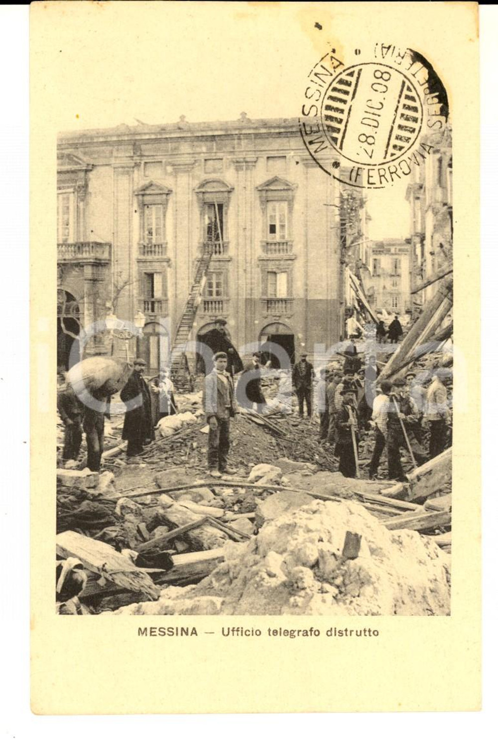 Cartolina originale da collezione 1908 MESSINA TERREMOTO Ufficio telegrafo distrutto Cartolina ANIMATA FP NV 1