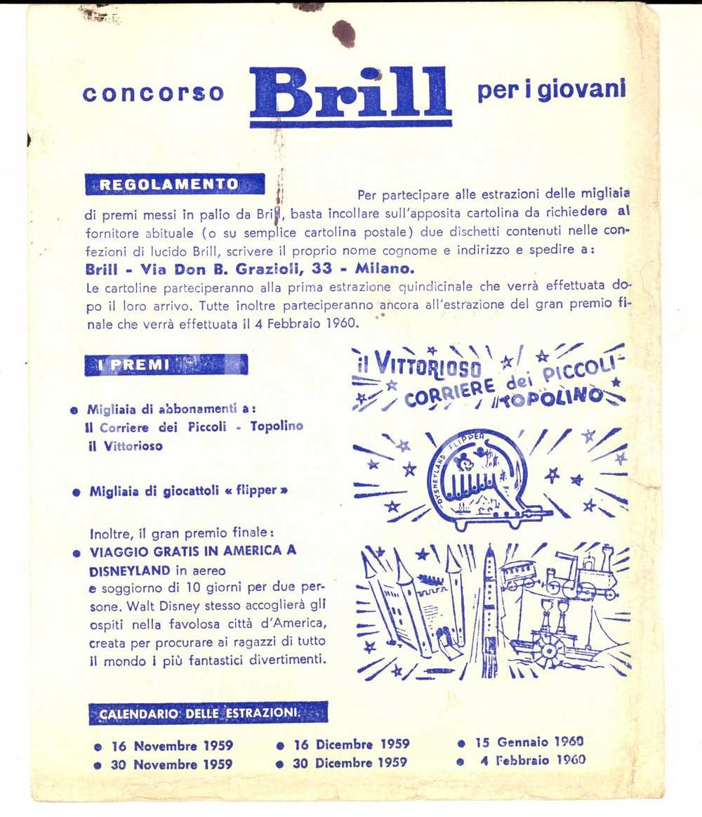 Materiale pubblicitario d’epoca 1960 MILANO Via Grazioli 33 Regolamento concorso BRILL per bambini Volantino 1