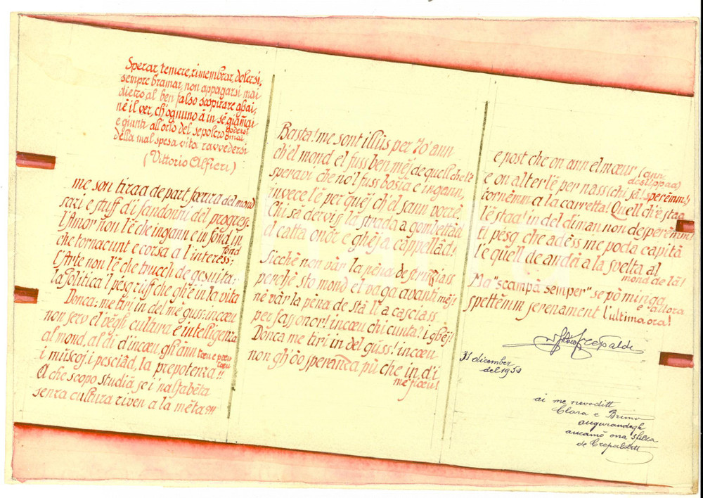 Manoscritto, lettera originale 1950 MILANO Silvio CREPALDI Me son tiraa de part Poesia in dialetto manoscritta 1