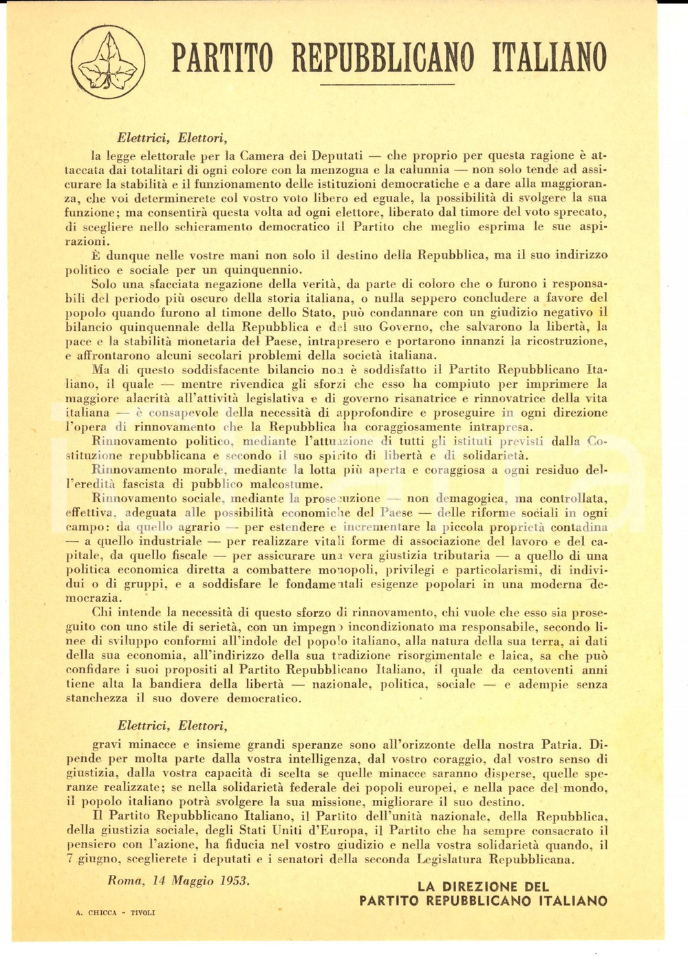 ELEZIONI 1953 PARTITO REPUBBLICANO Appello agli elettori *Volantino PROPAGANDA