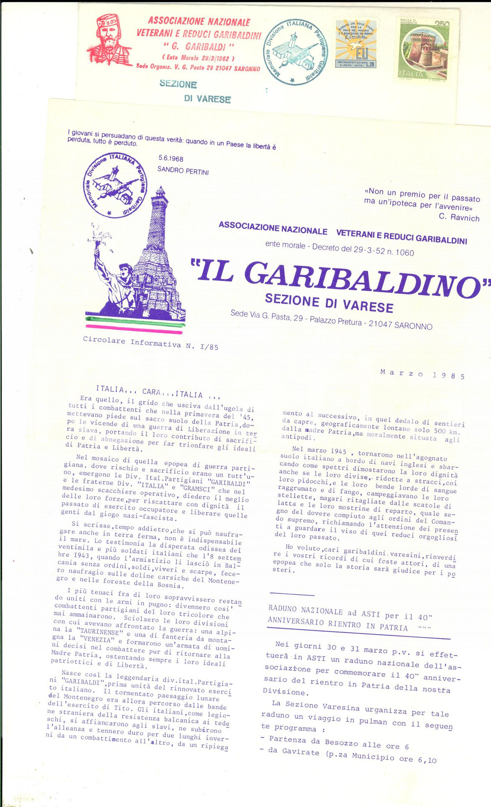 1985 VARESE IL GARIBALDINO Raduno Nazionale Asti *Bollettino REDUCI GARIBALDINI