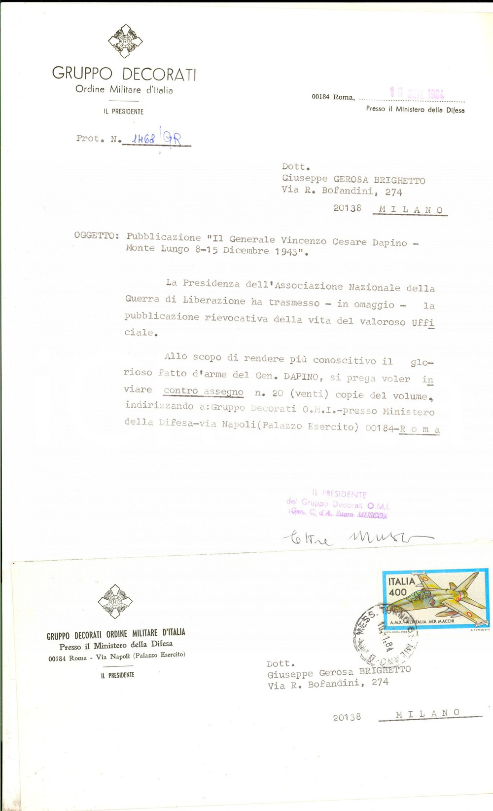 1984 ROMA Decorati ORDINE MILITARE D'ITALIA Lettera gen. Ettore MUSCO Autografo