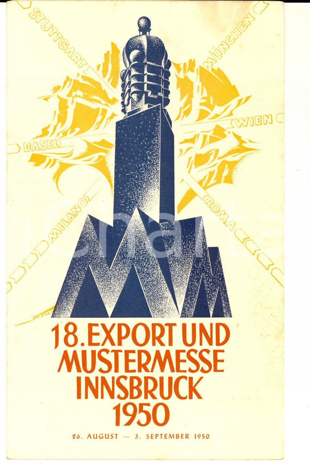 Materiale pubblicitario d’epoca 1950 INNSBRUCK Export und Mustermesse  Pieghevole ILLUSTRATO TURISMO VINTAGE 1