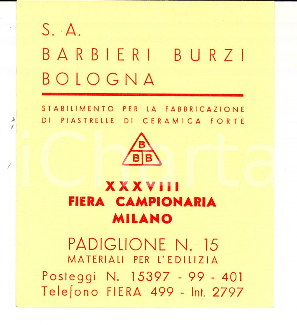 1960 ca MILANO XXXVIII Fiera  - Cartoncino ditta BARBIERI BURZI BOLOGNA