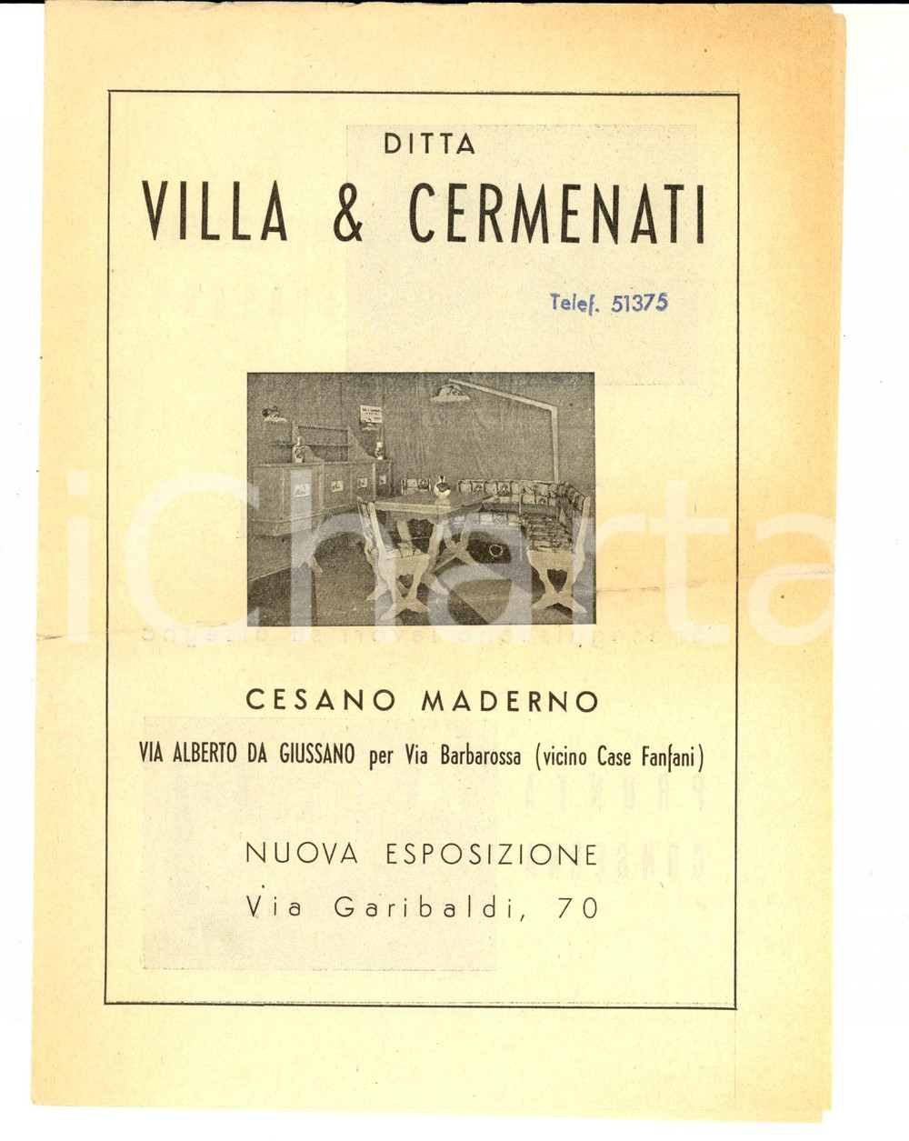 Materiale pubblicitario d’epoca 1950 ca CESANO MADERNO Ditta VILLA & CERMENATI Tinelli rustici Volantino 1