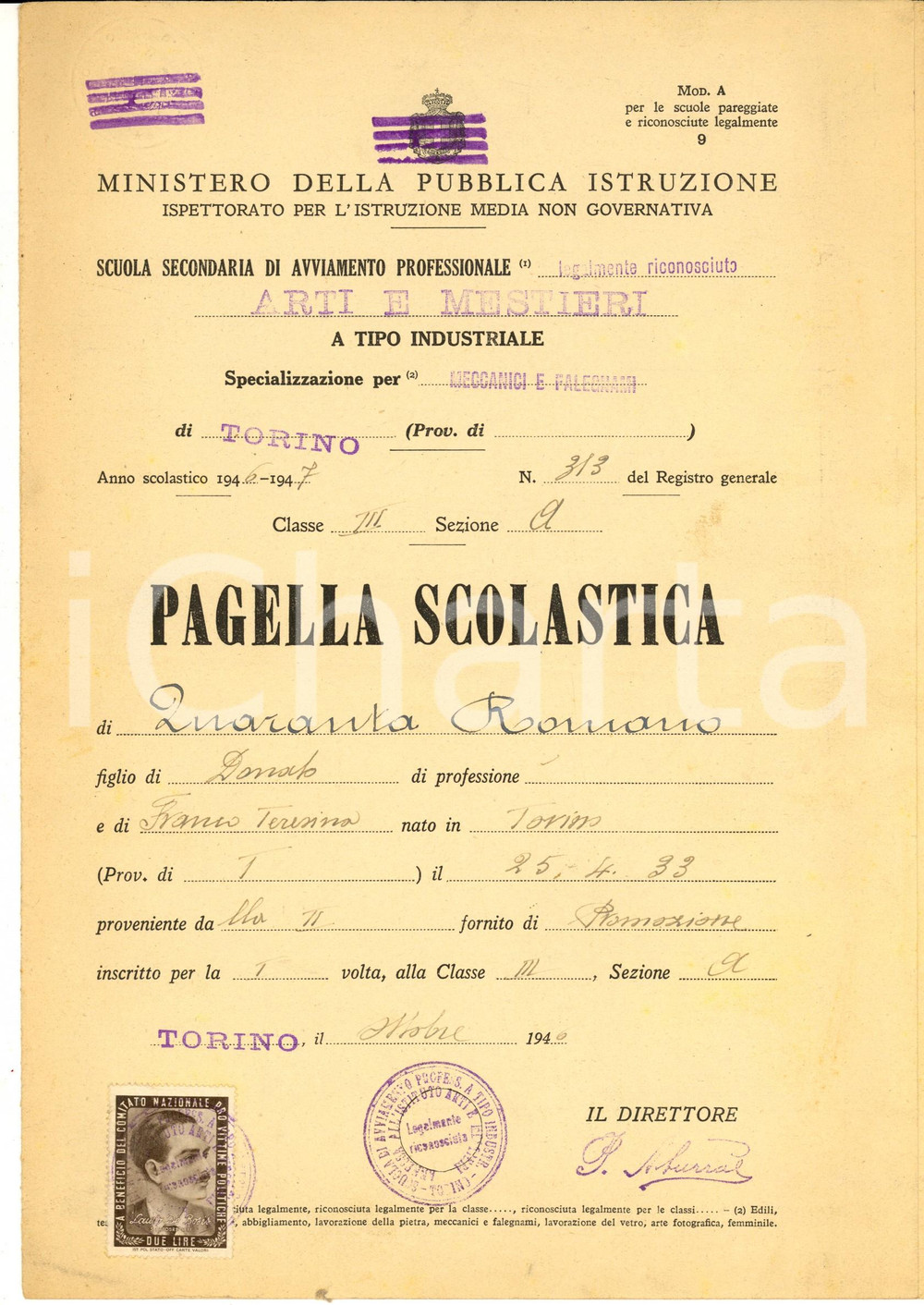 1947 TORINO Scuola avviamento arti e mestieri - Pagella Romano QUARANTA