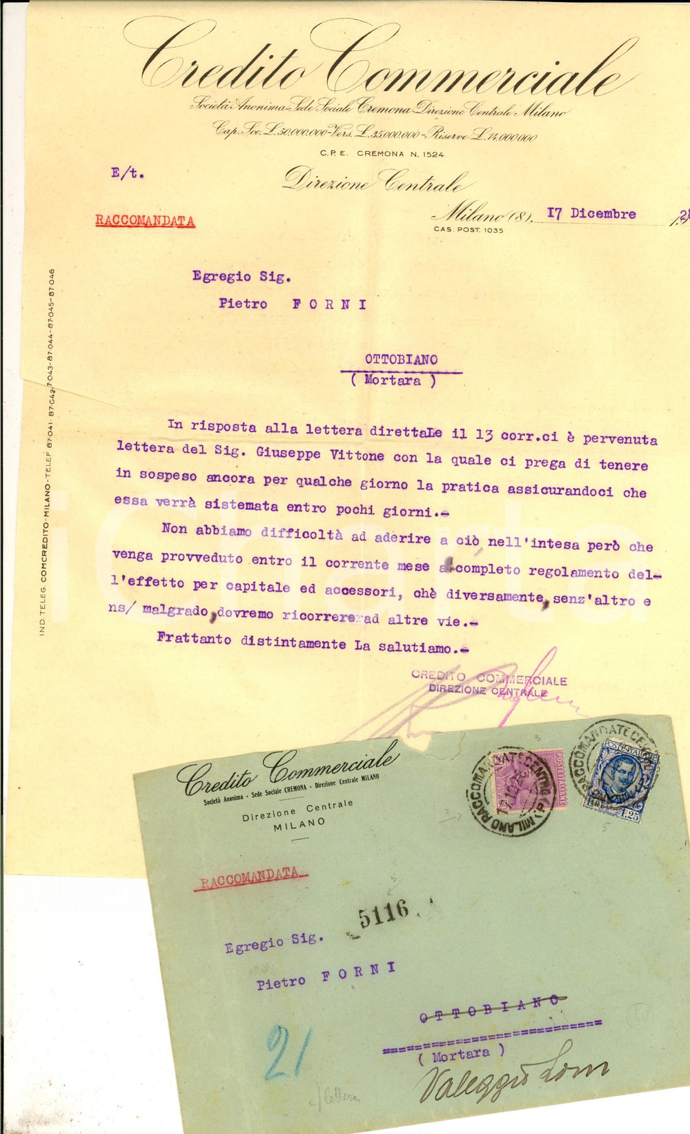 1928 MILANO CREDITO COMMERCIALE Lettera per pratica di Giuseppe VITTONE