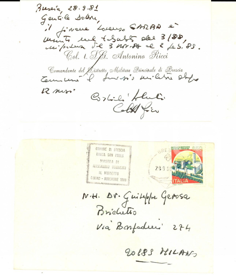 1981 BRESCIA Biglietto ringraziamento comandante Antonino RICCI *Autografo
