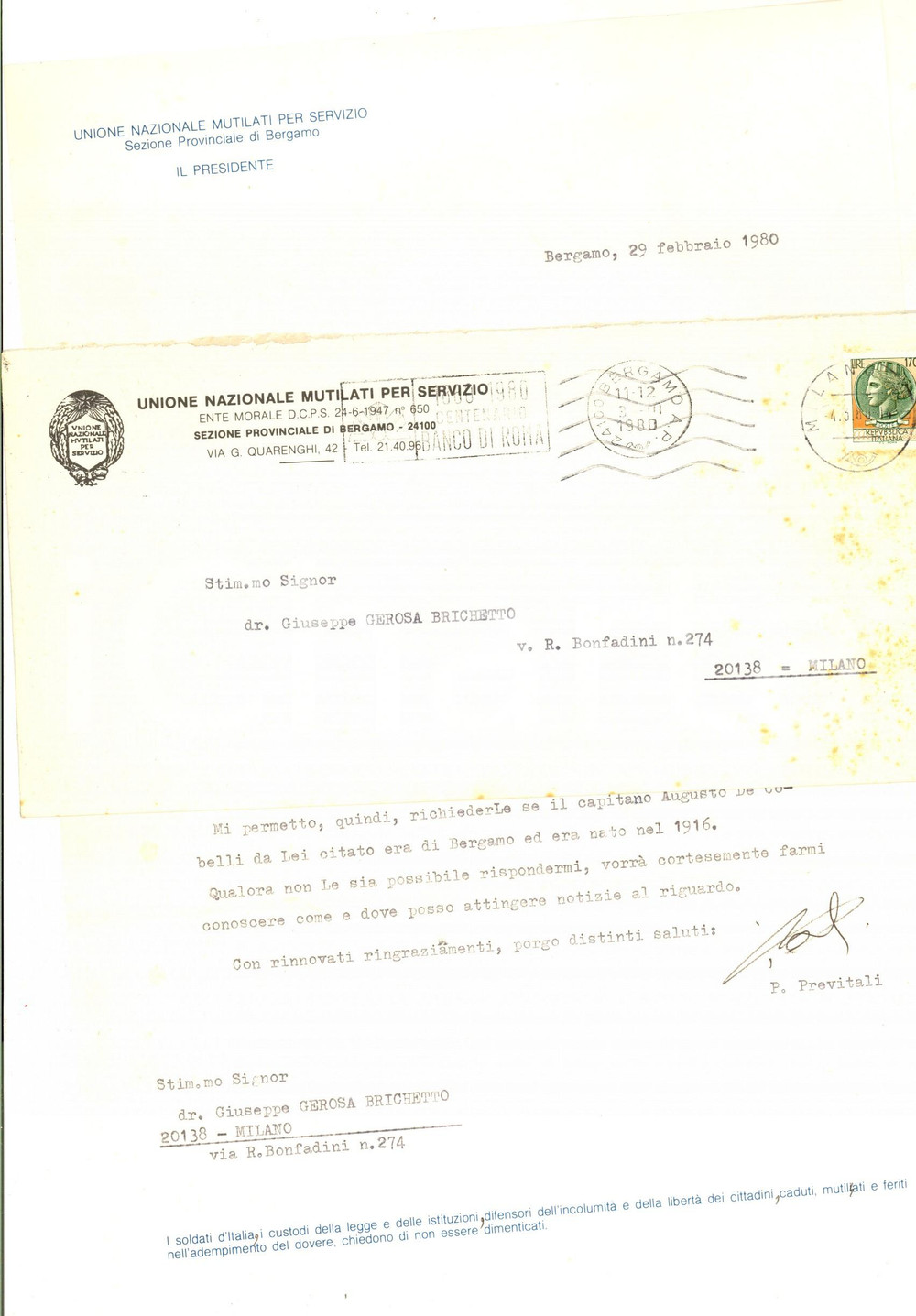 Autografo originale 1980 BERGAMO Unione Mutilati  Lettera presidente PREVITALI Autografo 1