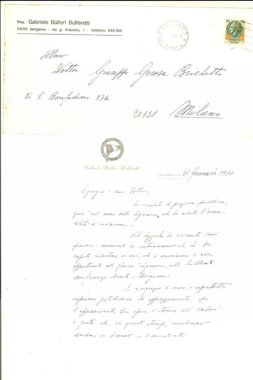 Manoscritto, lettera originale 1980 BERGAMO Lettera Gabriele BULFERI BULFERETTI su libro ricevuto Autografo 1