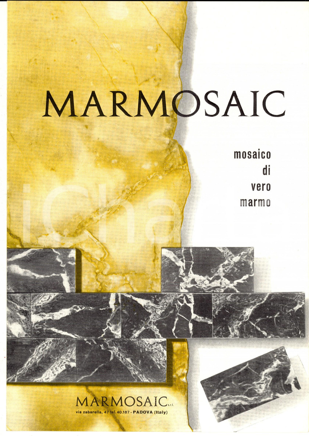 Materiale pubblicitario d’epoca 1960 ca PADOVA Ditta MARMOSAIC MOsaico di vero marmo Pieghevole ILLUSTRATO 1