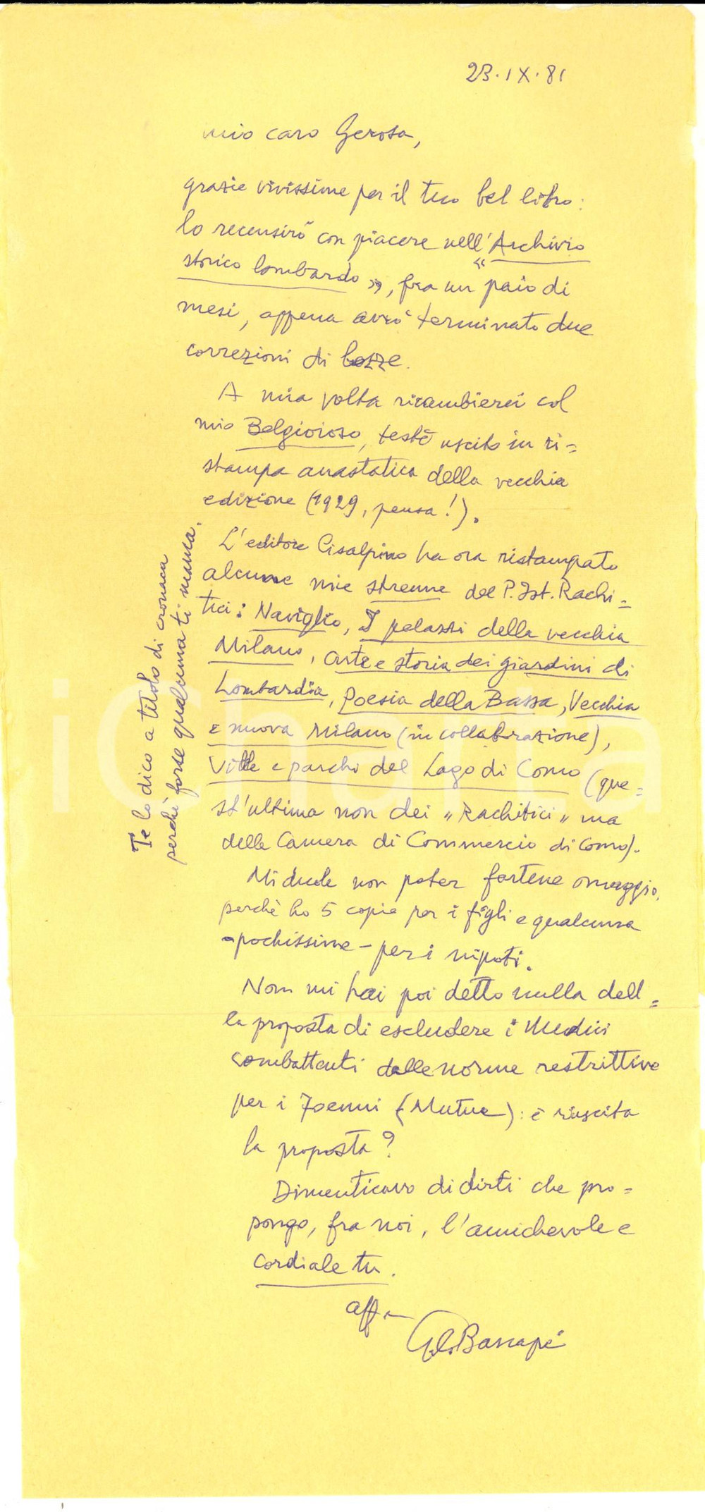 Autografo originale 1981 MILANO Giacomo Carlo BASCAPE  su ristampa strenne Ist. RACHITICI Autografo 1