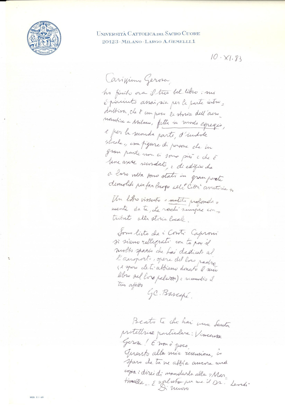 Autografo originale 1983 MILANO Giacomo Carlo BASCAPE  commento su una pubblicazione Autografo 1