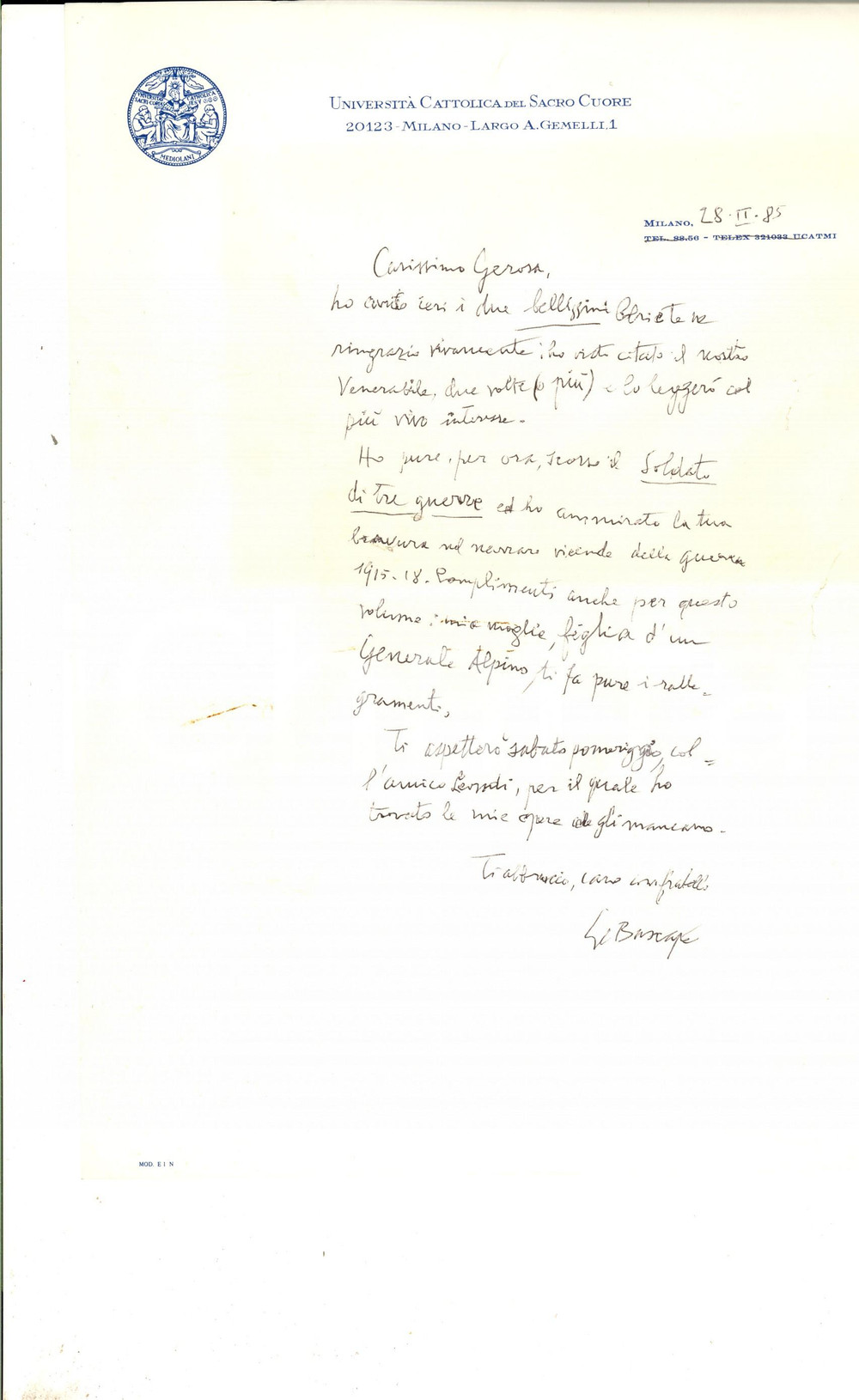Autografo originale 1985 MILANO Giacomo Carlo BASCAPE  ringrazia per libri in omaggio Autografo 1