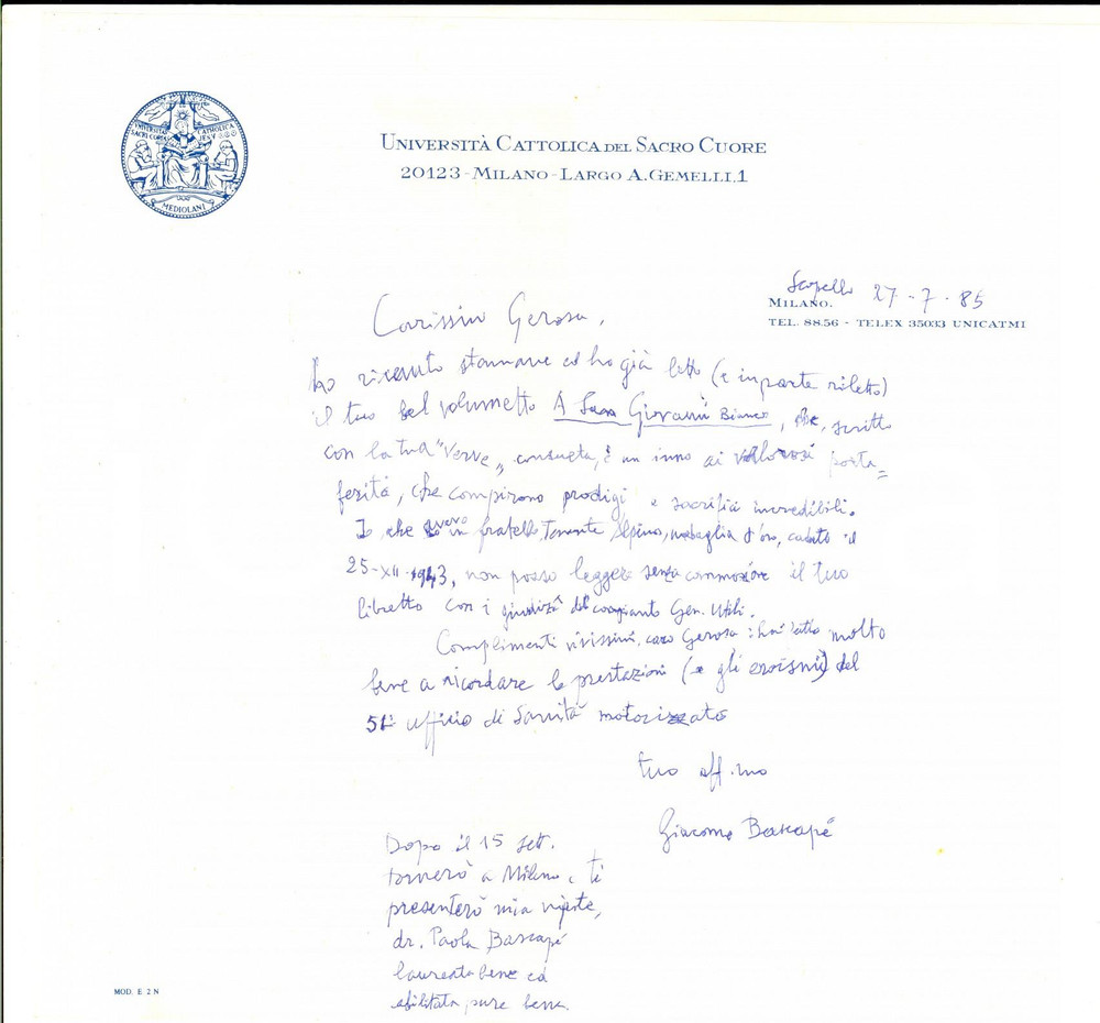 Autografo originale 1985 SCOPELLO Giacomo Carlo BASCAPE  Lettera manoscritta autografa 1
