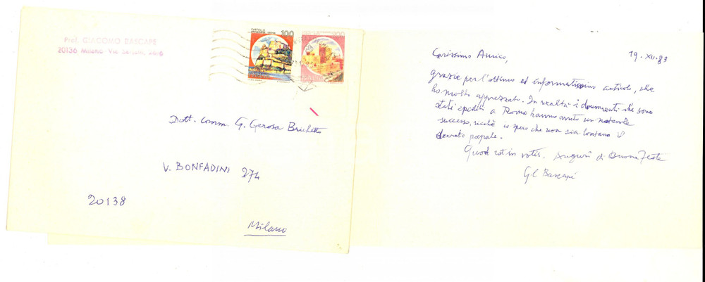 Autografo originale 1983 MILANO Giacomo Carlo BASCAPE  ringrazia per articolo Biglietto autografo 1