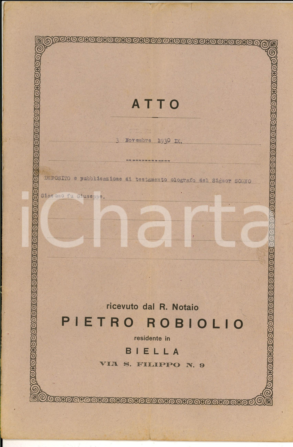 1930 CAMANDONA (BI) Testamento di Giacomo SOGNO a favore dei nipoti