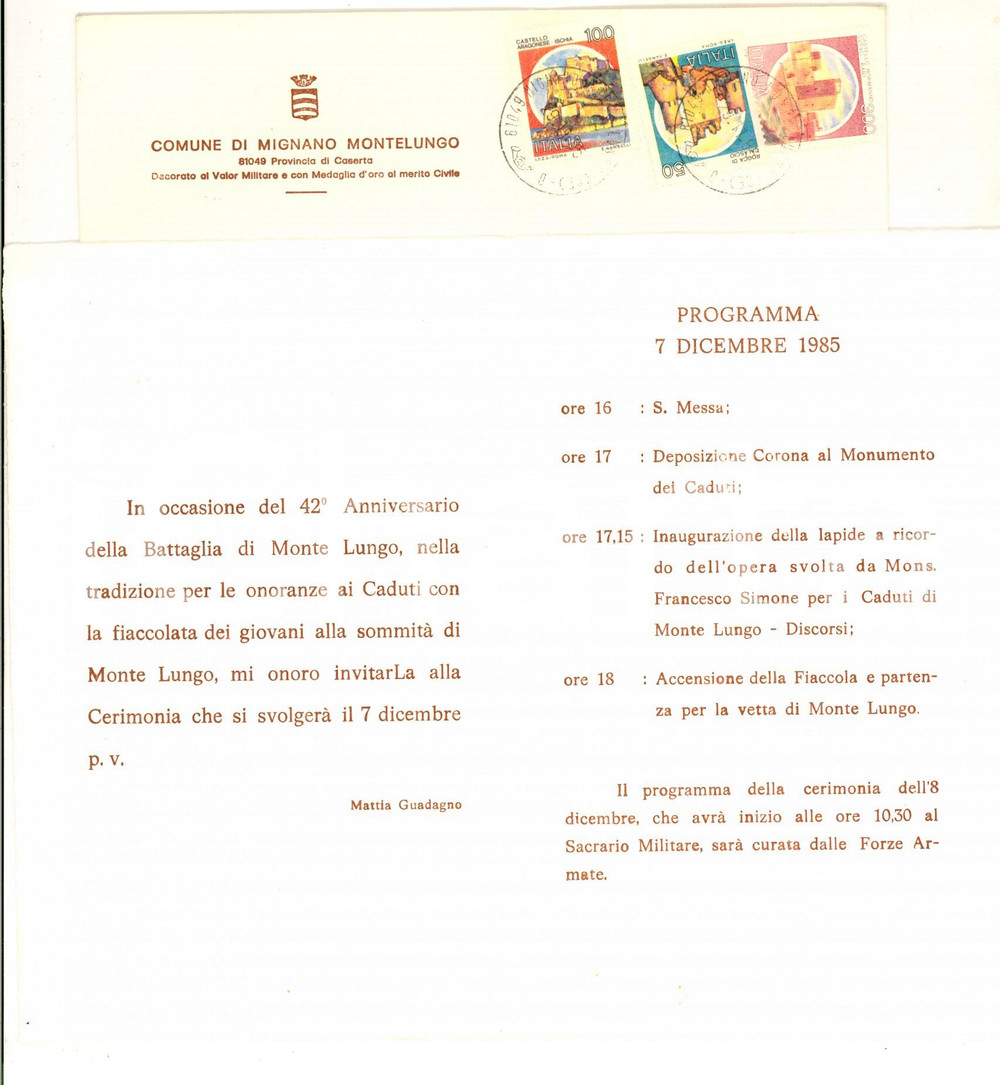 Manoscritto, lettera originale 1985 MIGNANO MONTELUNGO Invito e programma 42° Anniversario della battaglia 1