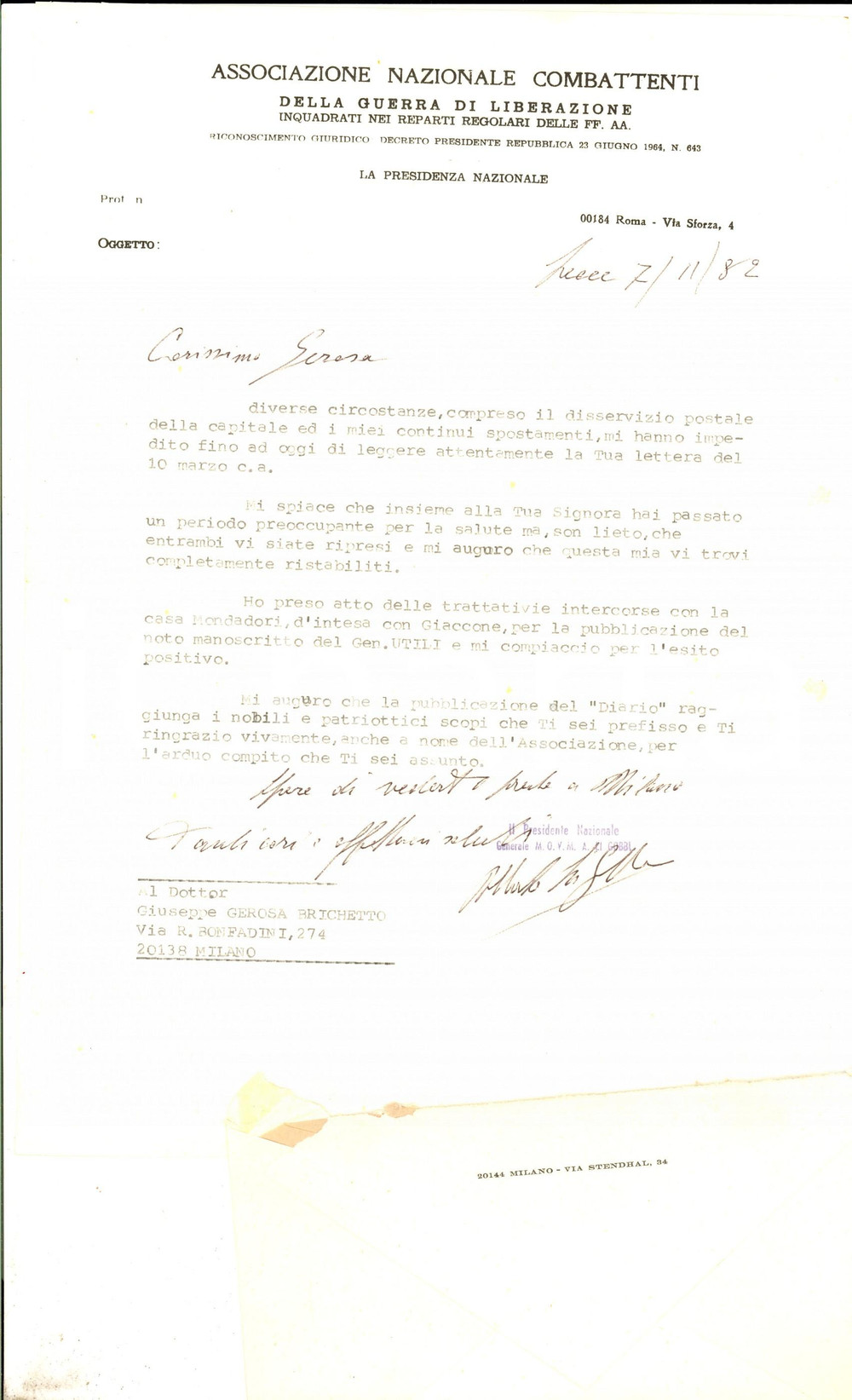 1982 ROMA Associazione Nazionale Combattenti - Lettera gen. Alberto LI GOBBI 