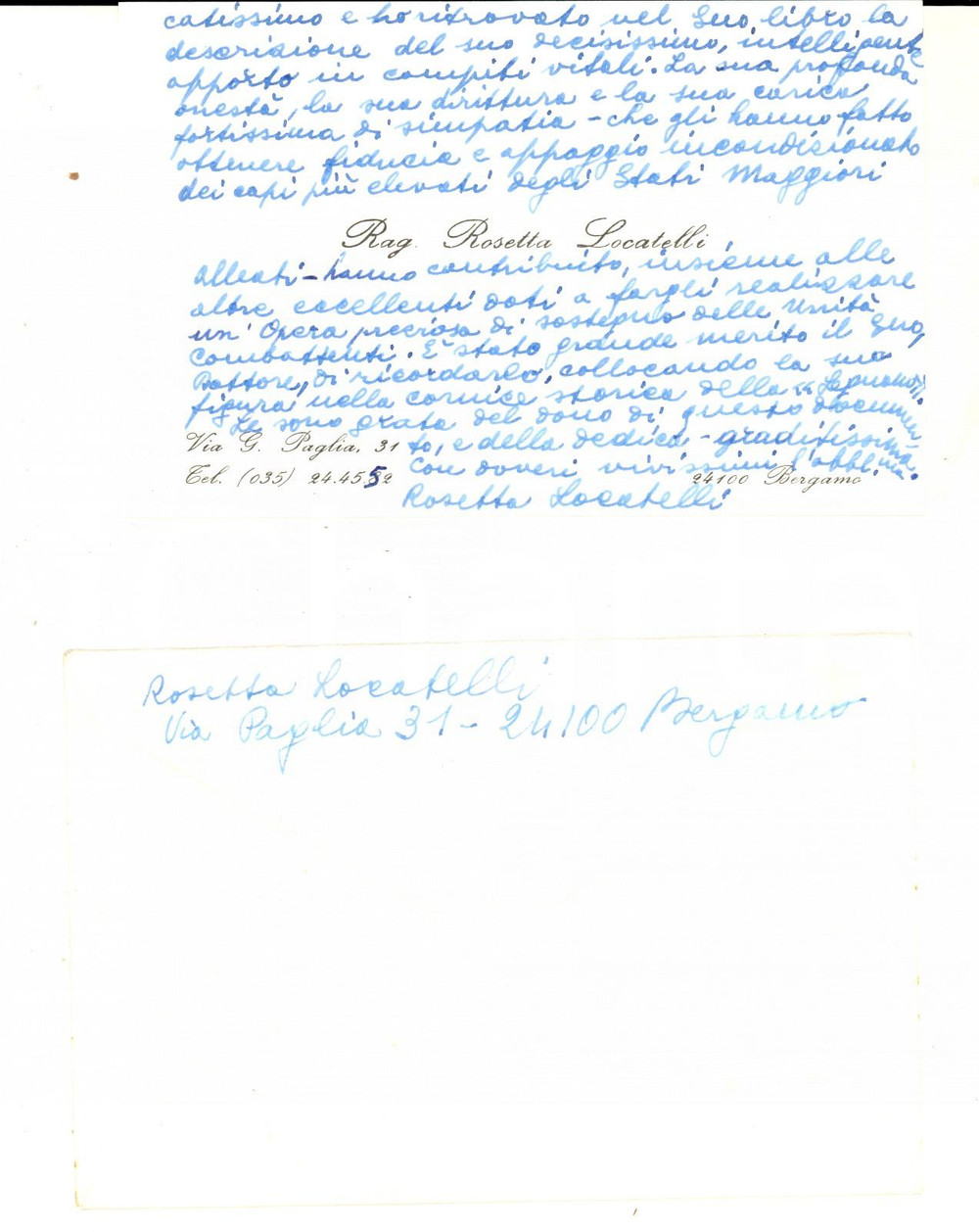 Autografo originale 1980 BERGAMO Biglietto di ringraziamento Rosetta LOCATELLI Autografo 1