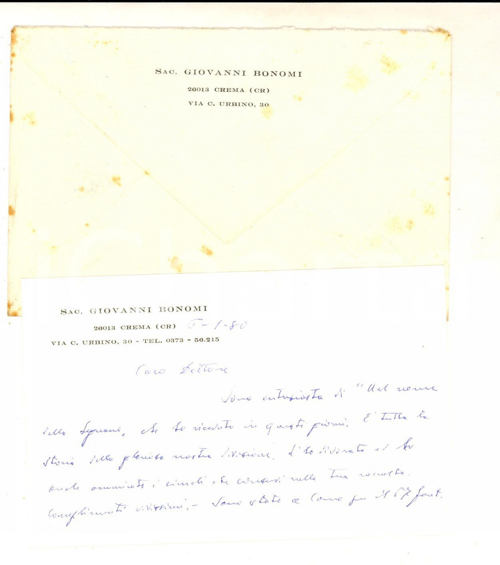1980 CREMA Biglietto di ringraziamento don Giovanni BONOMI *Autografo