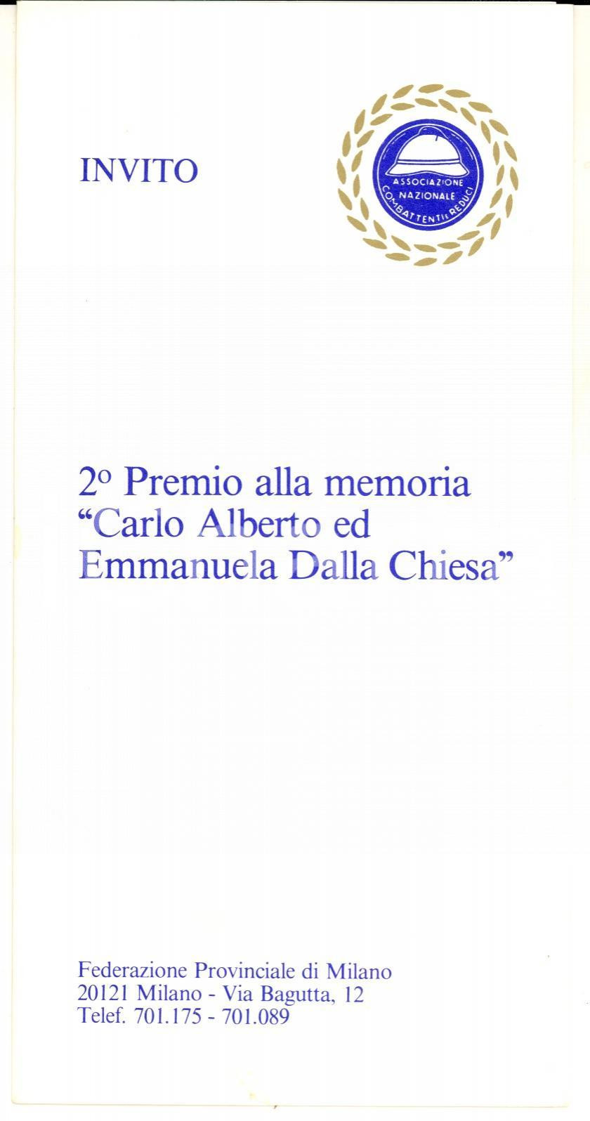 Oggetto da collezione cartaceo 1984 MILANO Invito assegnazione premio Carlo Alberto ed Emanuela DALLA CHIESA 1