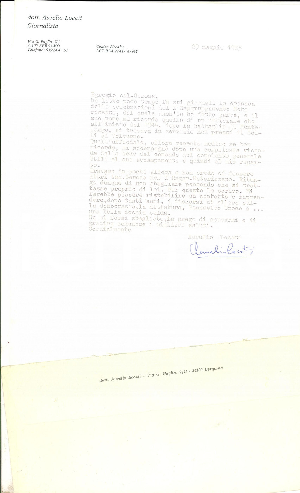 Manoscritto, lettera originale 1985 BERGAMO Lettera giornalista Aurelio LOCATI su Raggruppamento Motorizzato 1
