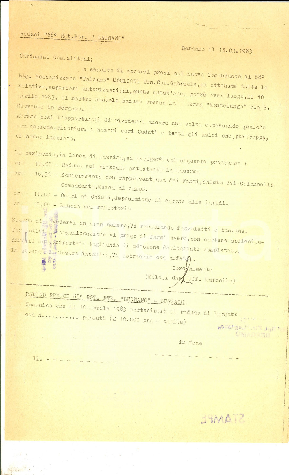 Manoscritto, lettera originale 1983 BERGAMO Raduno reduci 68Â°Reggimento Fanteria LEGNANO Programma 1