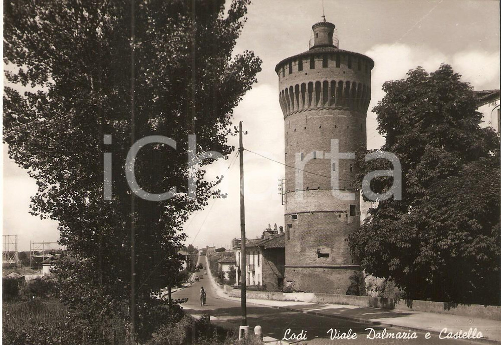 Cartolina originale da collezione 1955 ca LODI Bicicletta in Viale Dalmazia e scorcio del Castello Cartolina FG NV 1