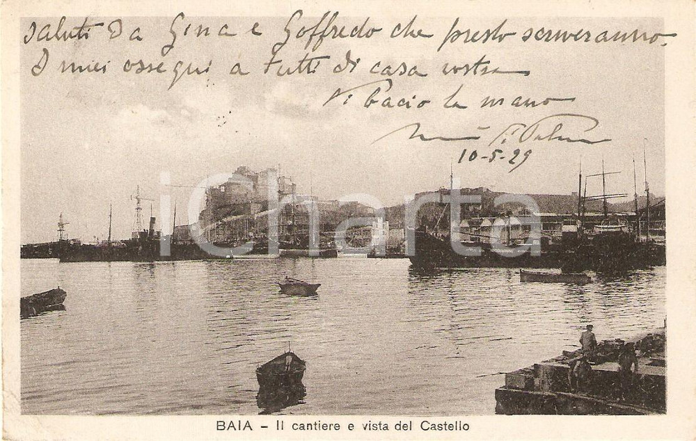 Cartolina originale da collezione 1929 BACOLI NA Frazione BAIA con cantieri navali e Castello Cartolina FP VG 1