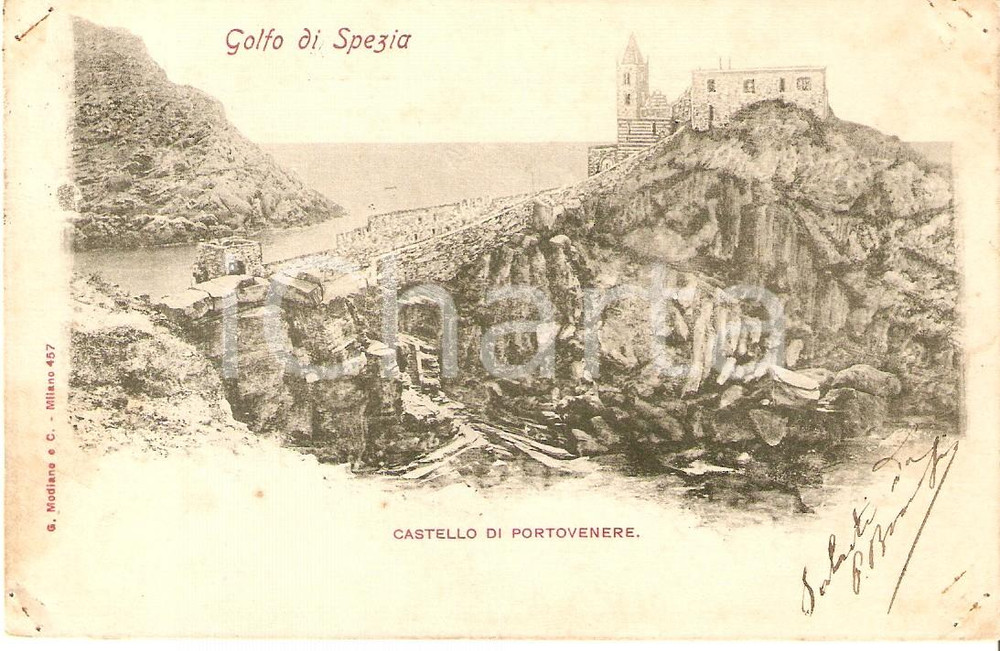 Cartolina originale da collezione 1905 ca PORTOVENERE SP Panorama con il Castello Cartolina FP VG 1