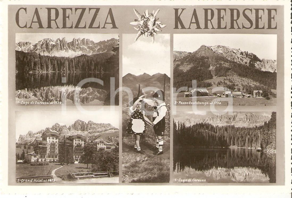 Cartolina originale da collezione 1953 KARERSEE Vedutine lago di CAREZZA bimbi in costume tipico Cartolina FP VG 1