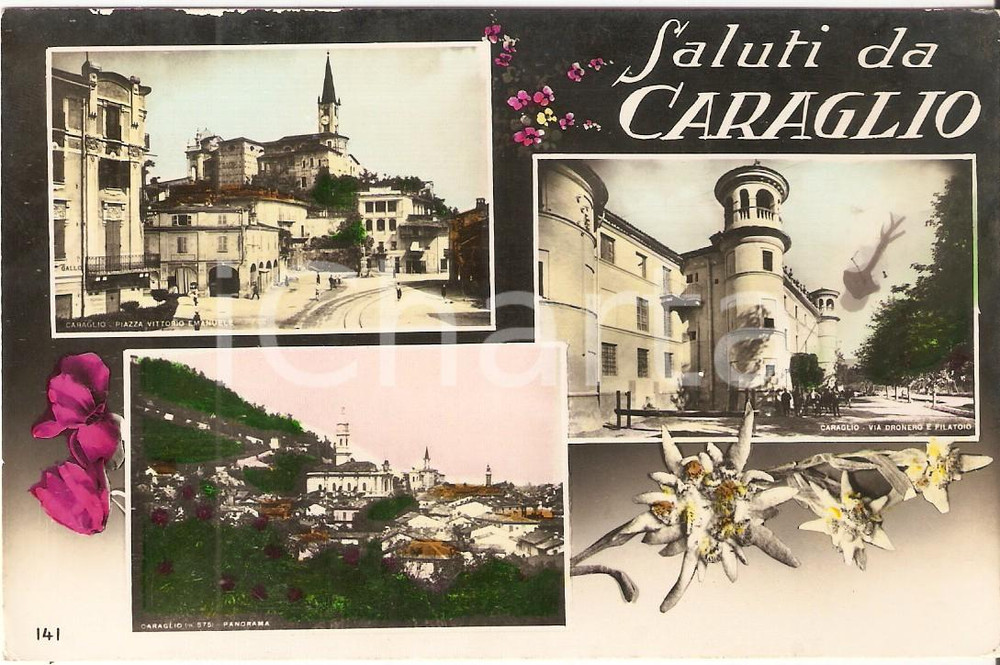 Cartolina originale da collezione 1940 CARAGLIO CN Vedutine con filatoio e Via Dronero Cartolina FP VG 1