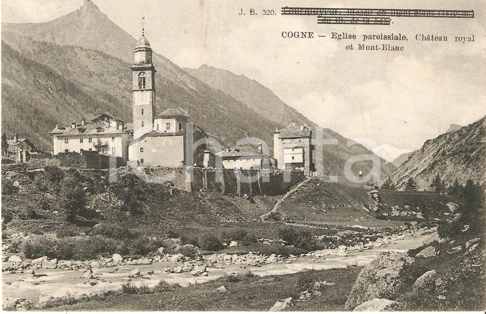 Cartolina originale da collezione 1910 ca COGNE AO Chiesa parrocchiale e MONTE BIANCO Cartolina FP NV 1