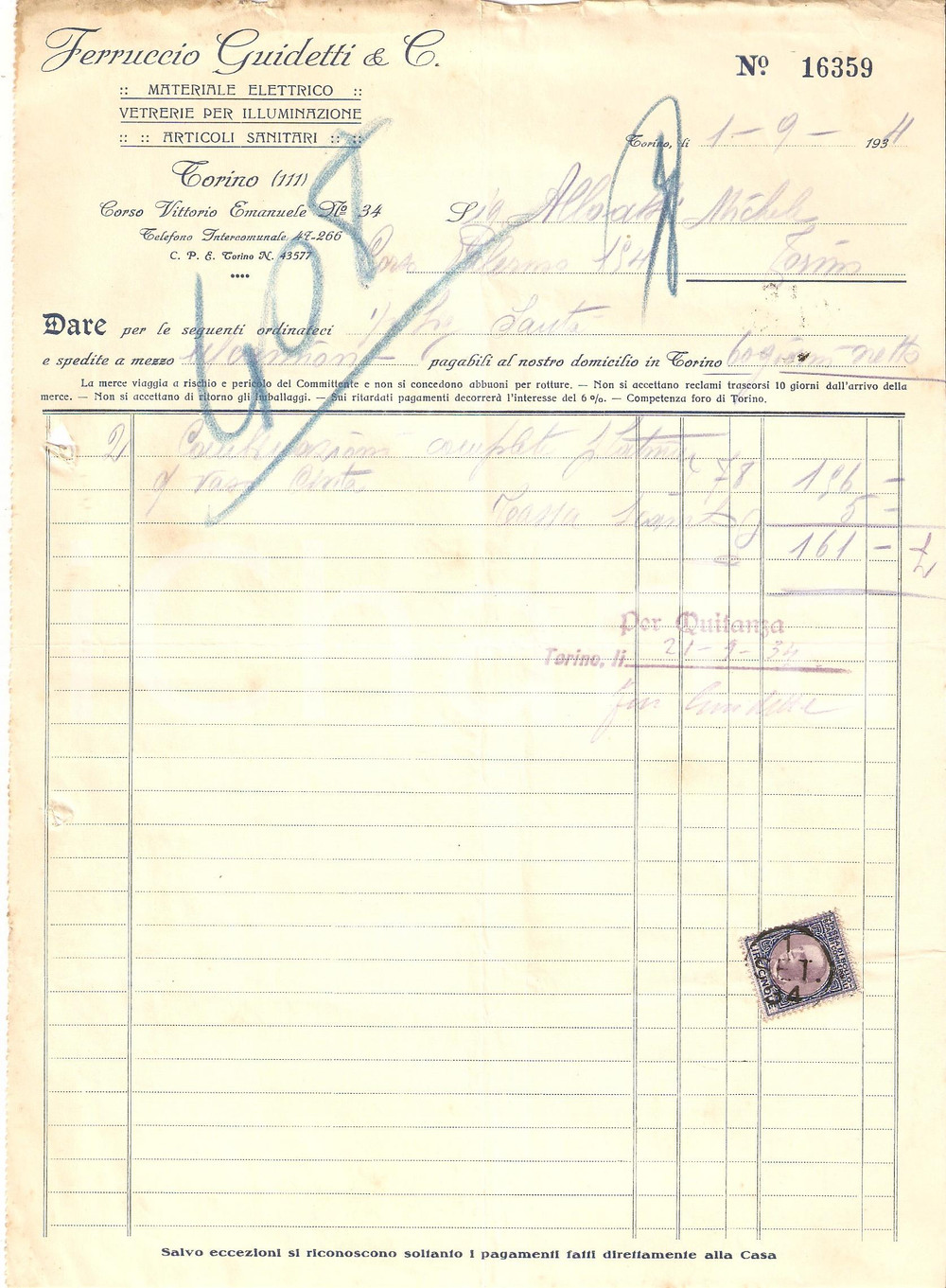 Oggetto da collezione cartaceo 1934 TORINO Ferruccio GUIDETTI Materiale elettrico Sanitari Fattura 22x27 1