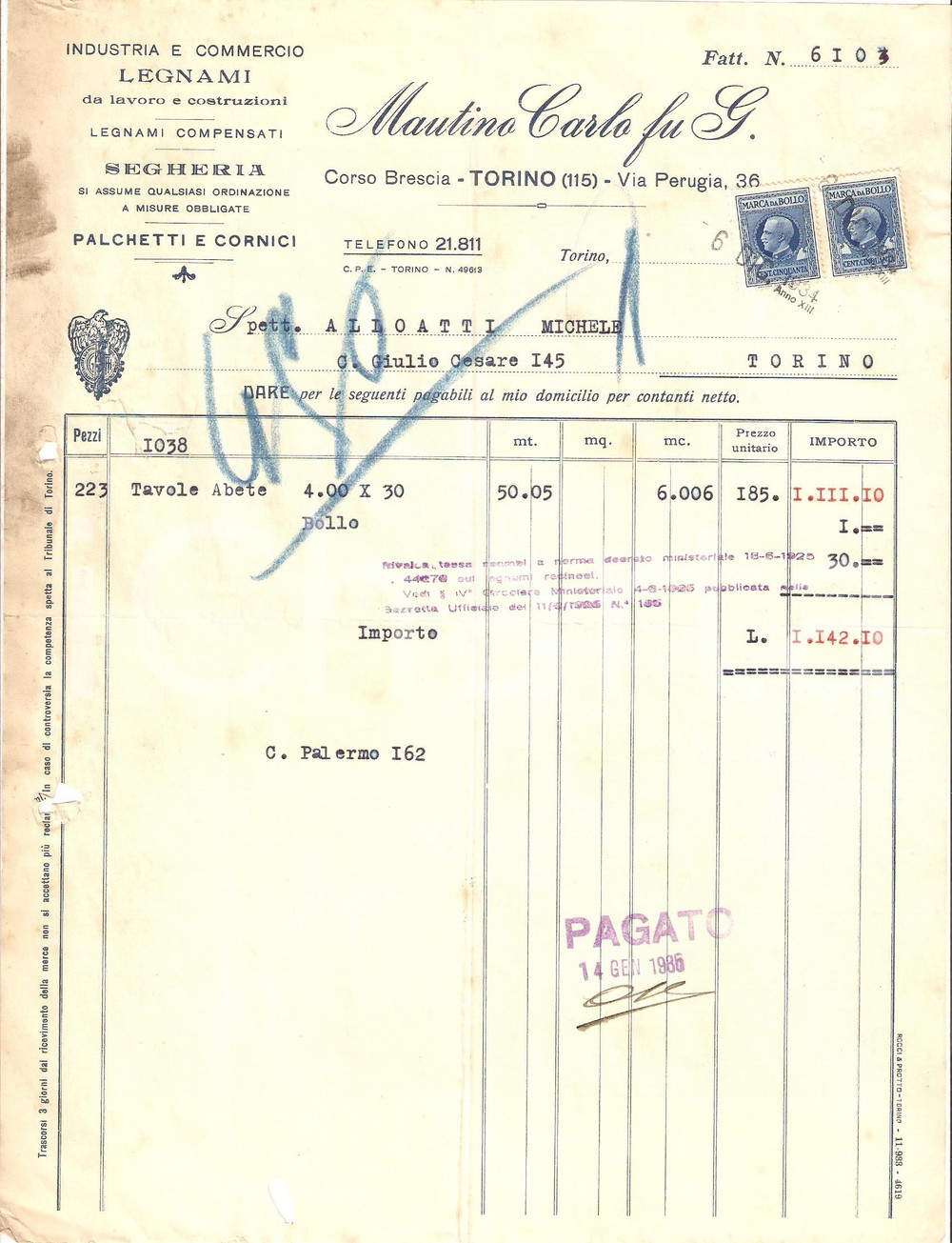 1934 TORINO Segheria Carlo MAUTINO Commercio legnami Cornici *Fattura 22x27