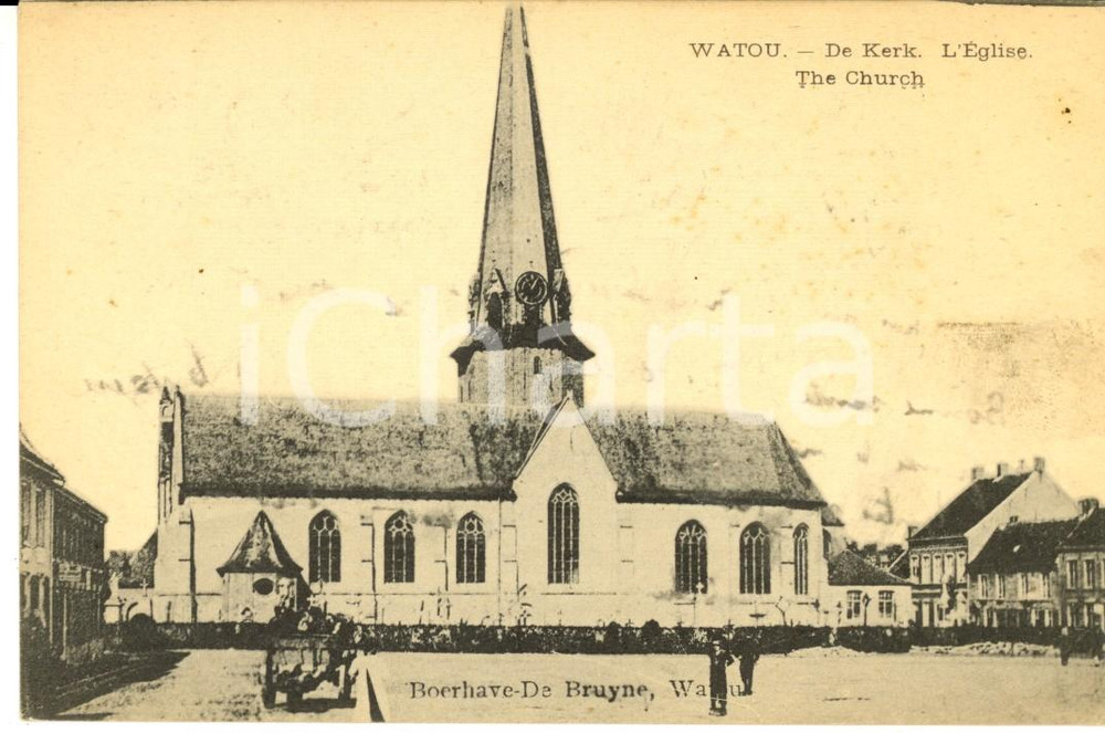 Cartolina originale da collezione 1918 WATOU B Veduta della chiesa Cartolina VINTAGE ANIMATA con calesse 1