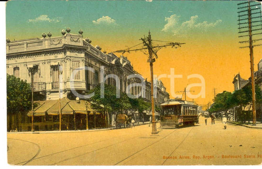 Cartolina originale da collezione 1915 ca BUENOS AIRES Boulevard SANTA FE Cartolina VINTAGE ANIMATA omnibus 1