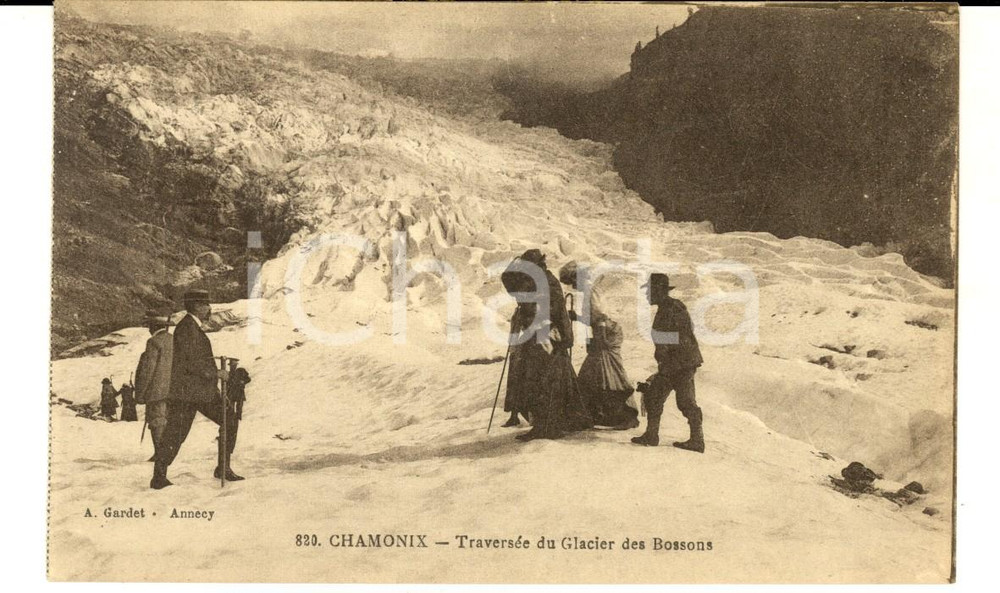 Cartolina originale da collezione 1910 CHAMONIX F Traversée du Glacier des BOSSONS Carte postale ANIMEE 1