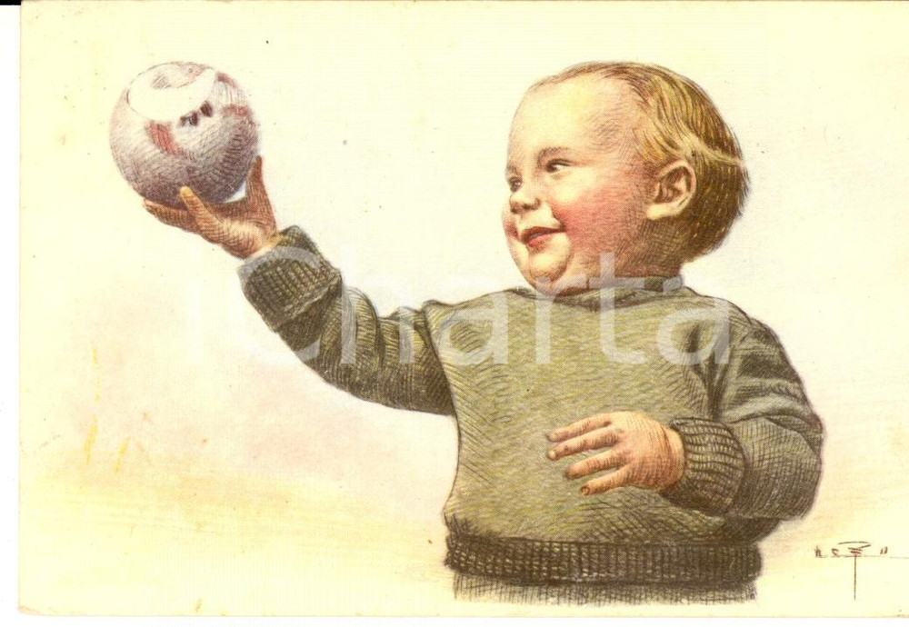 Cartolina originale da collezione 1941 COSTUMI Un bambino con la sua palla Cartolina ILLUSTRATA FP VG 1