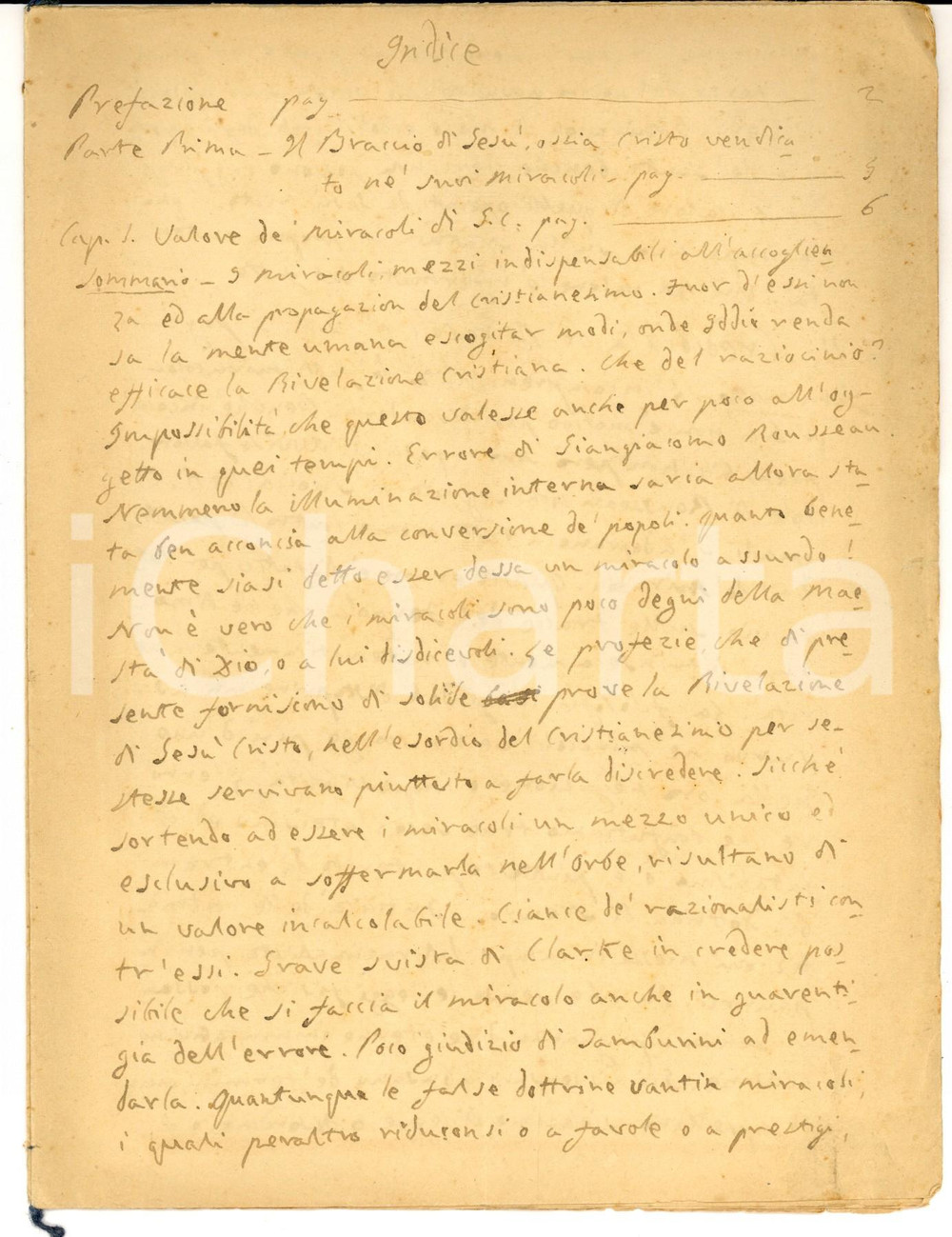Manoscritto, lettera originale 1840 ca Miracoli di Gesù Cristo  Indice manoscritto di opera religiosa INEDITO 1