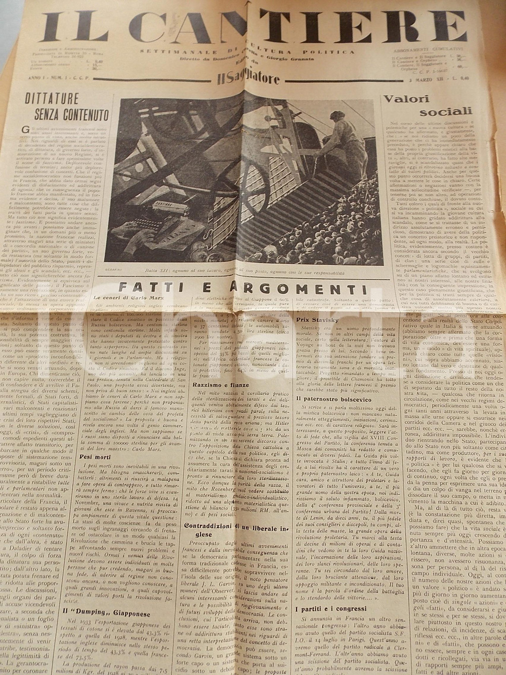 Giornale, rivista storica 1934 IL CANTIERE Il fascismo é una rivoluzione Giornale politico Anno I n°1 RARO 1
