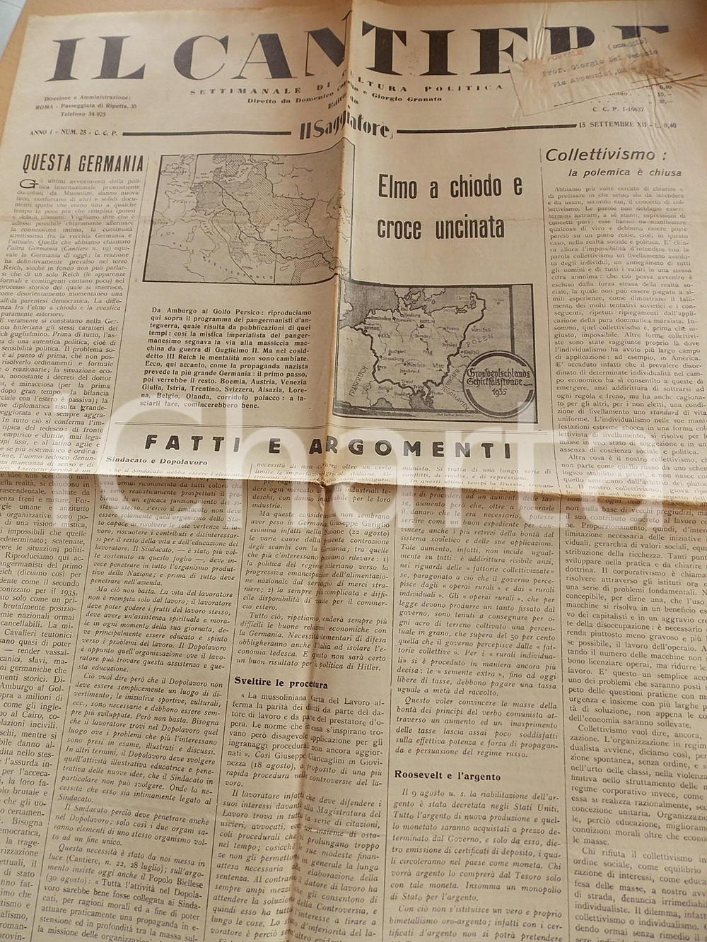 Giornale, rivista storica 1934 IL CANTIERE Propaganda nazista e grande Germania Giornale Anno I n° 25 1