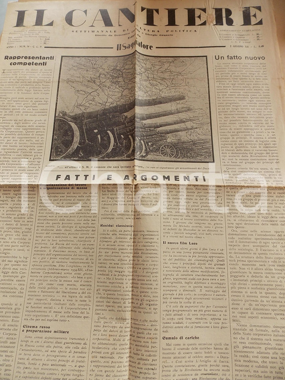 Giornale, rivista storica 1934 IL CANTIERE Corporazioni e datori di lavoro Giornale Anno I ° 14 1