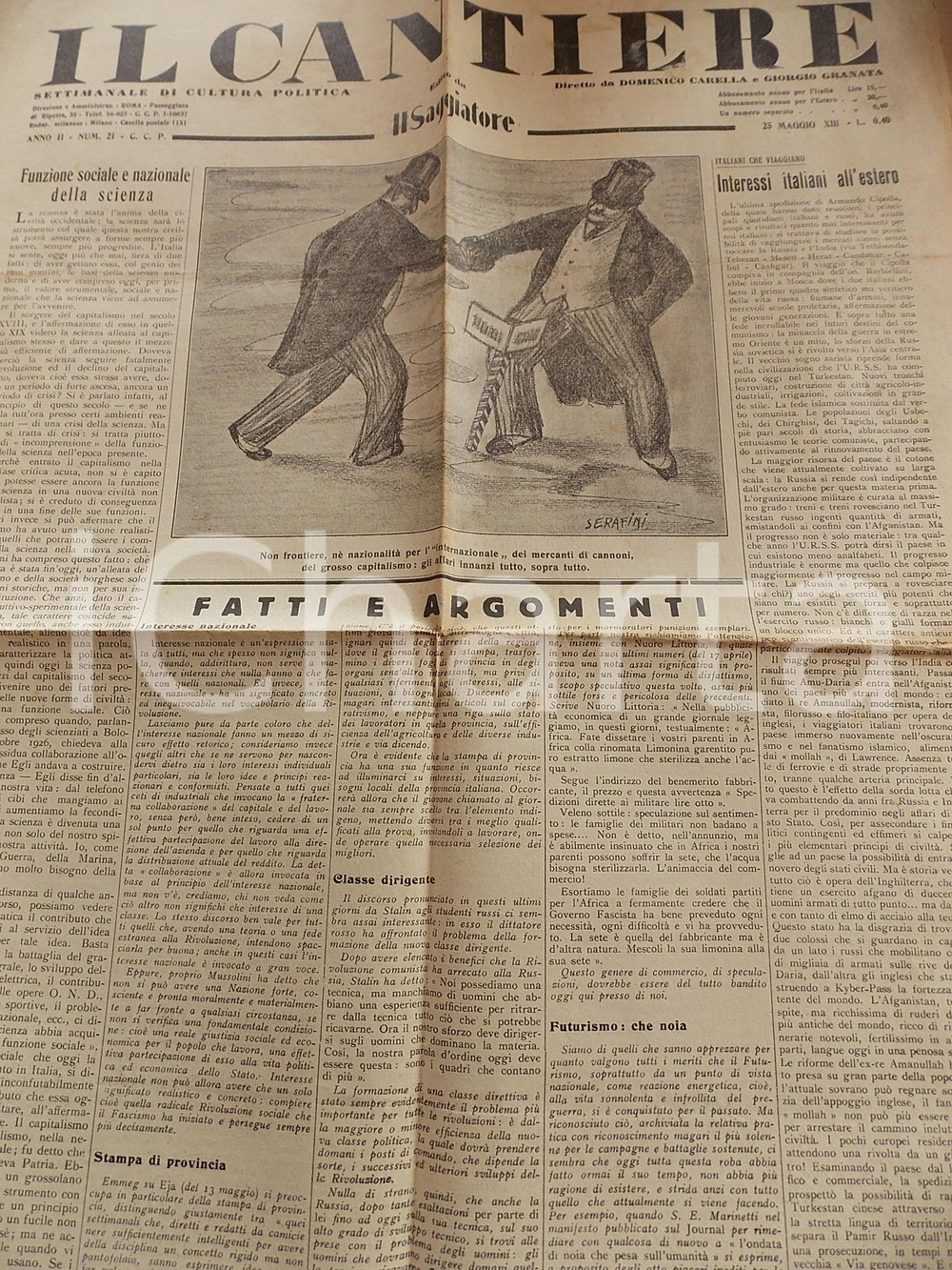 Giornale, rivista storica 1935 IL CANTIERE Interessi italiani all estero Giornale politico Anno II n° 21 1
