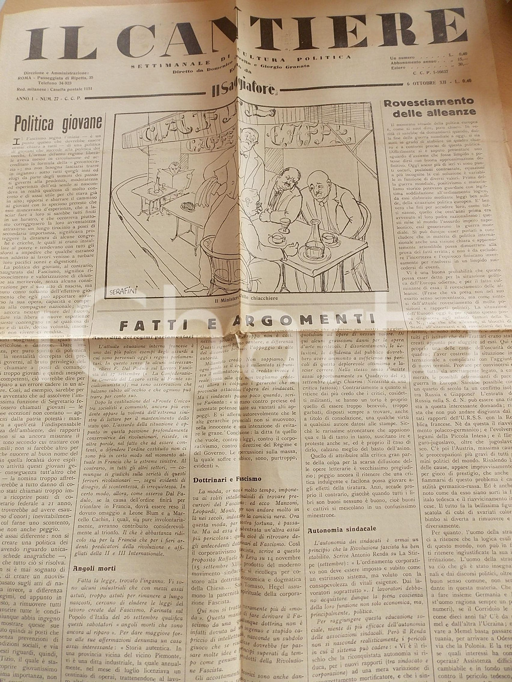 Giornale, rivista storica 1934 IL CANTIERE Autarchia e rivoluzione corporativa Giornale anno I n° 27 1