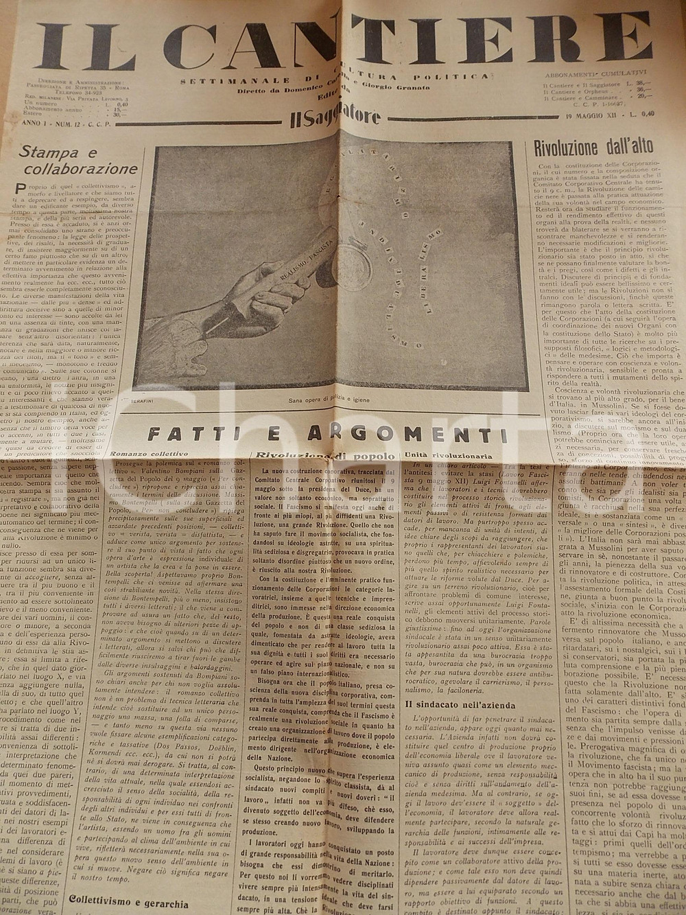Giornale, rivista storica 1934 IL CANTIERE Sessualità  e Fascismo Giornale politico Anno I n° 12 1