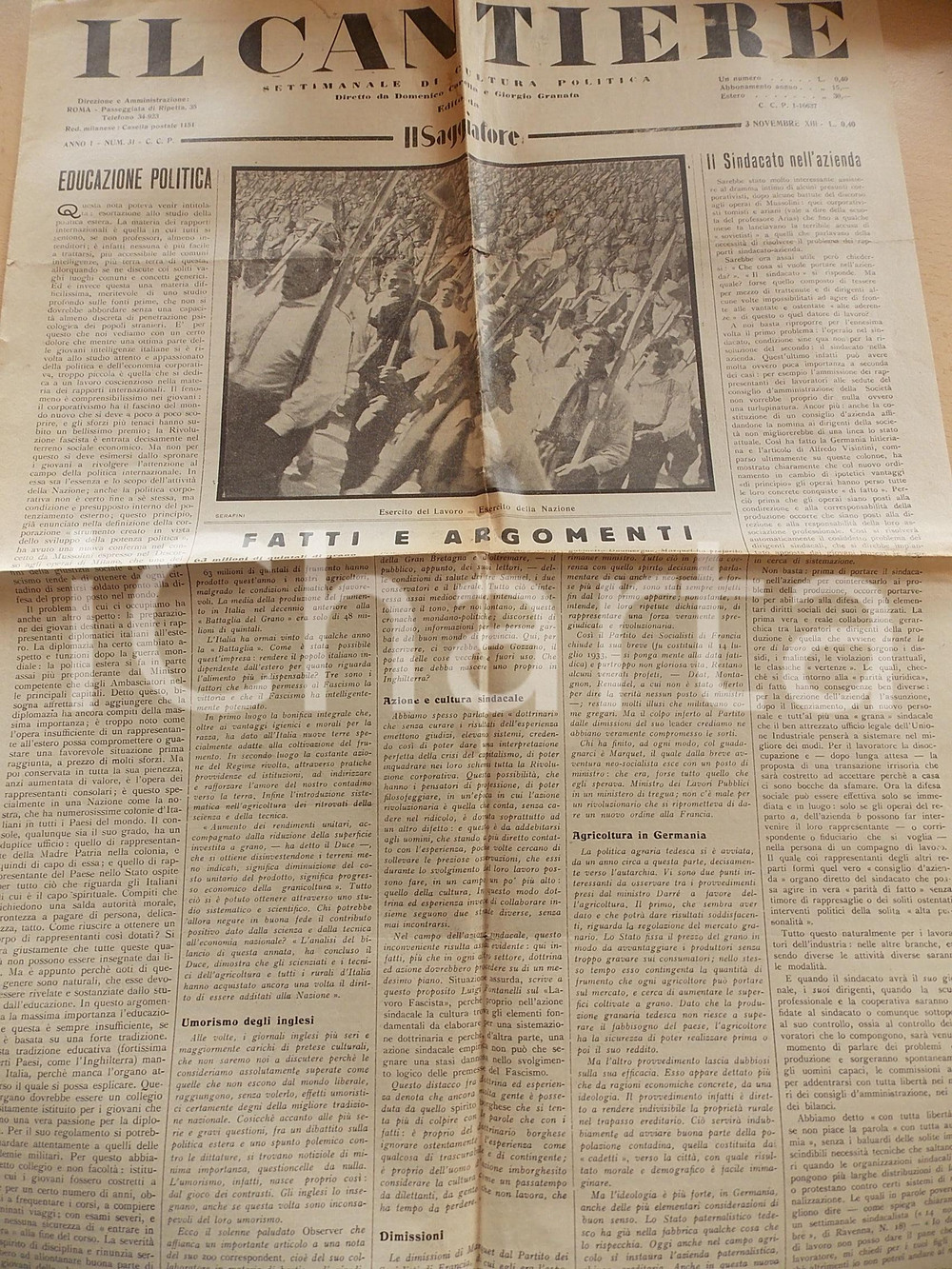 Giornale, rivista storica 1934 IL CANTIERE Condizioni degli zolfatari in Sicilia Giornale Anno I n° 31 1