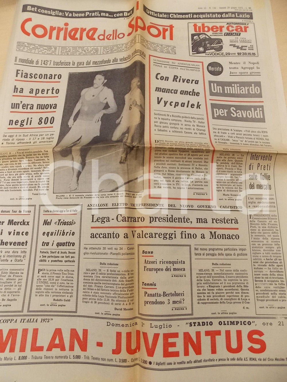 Giornale, rivista storica 1973 CORRIERE DELLO SPORT ATLETICA Record Marcello FIASCONARO 800 m Giornale 1